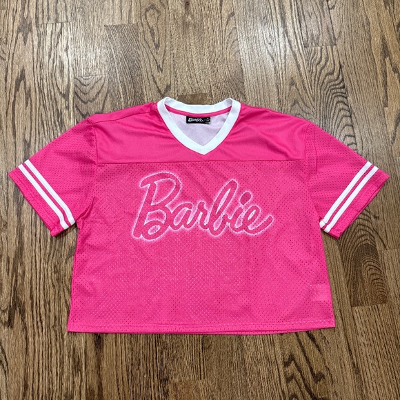 Barbie Tops - Barbie Mattel Pink Mesh Collegiate Striped Jersey Shirt Women's Size Medium 1959
